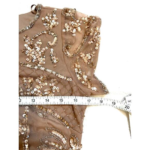 PISARRO NIGHTS New Beige Nude Beaded Mesh Midi Cocktail Dress Holiday NWT Sz 4 - Picture 5 of 11